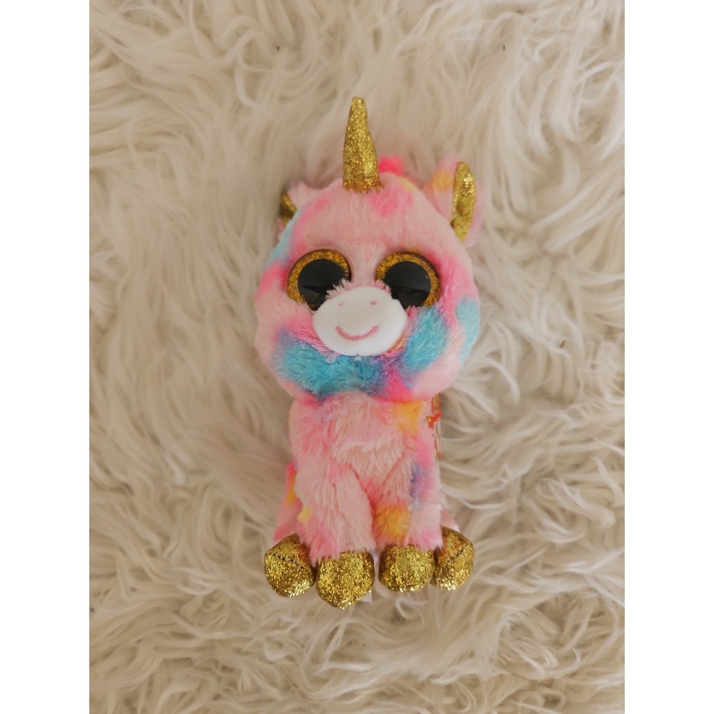 Ty FANTASIA -Pink Tie-Dyed Fabric  Golden Horn 6 In Beanie Boo Buddy Unicorn…A13